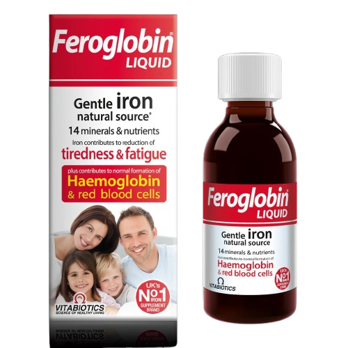 “Feroglobin Liquid 300 ml iron syrup with zinc, folic acid and B-vitamins for healthy hemoglobin levels and energy support”