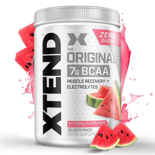 “Extended BCAA Original supplement container with 30 servings, featuring a sporty label design highlighting muscle recovery, endurance support, and fast absorption.”