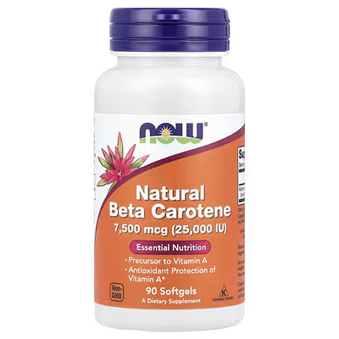 Now Beta Carotene Natural 7500 mcg, 90 capsules bottle for antioxidant support and vitamin A nutrition.