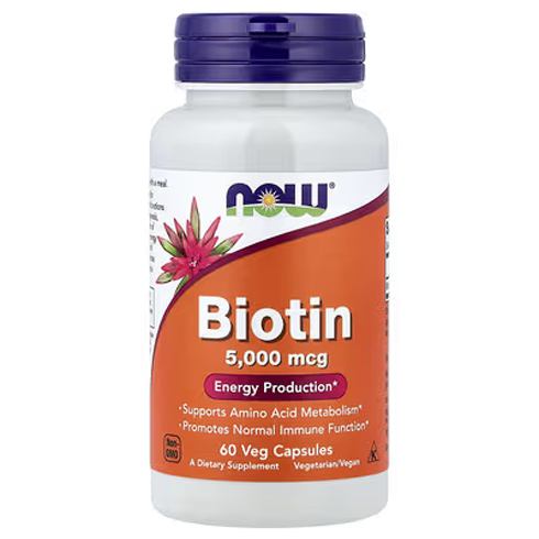 Now Biotin 5000mcg 60 VCAPS supplement bottle for healthy hair, skin, and nails support