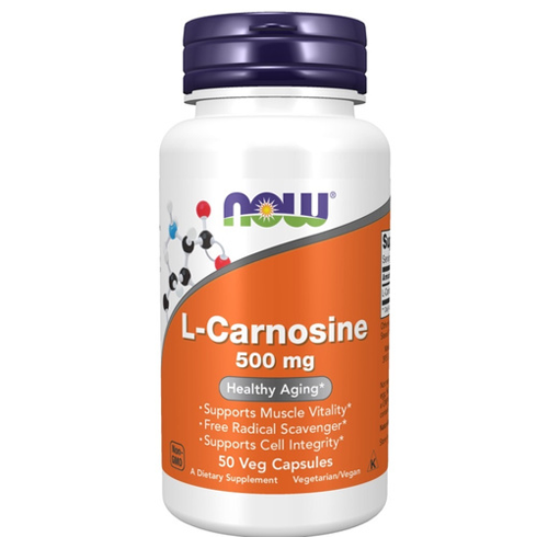 Now Carnosine 500mg 50 Veg Capsules dietary supplement bottle for antioxidant support, muscle health, and healthy aging.