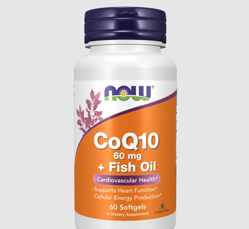 Now CoQ10 60mg with Fish Oil 60 Veg Capsules dietary supplement bottle for heart health, energy production, and cardiovascular support.