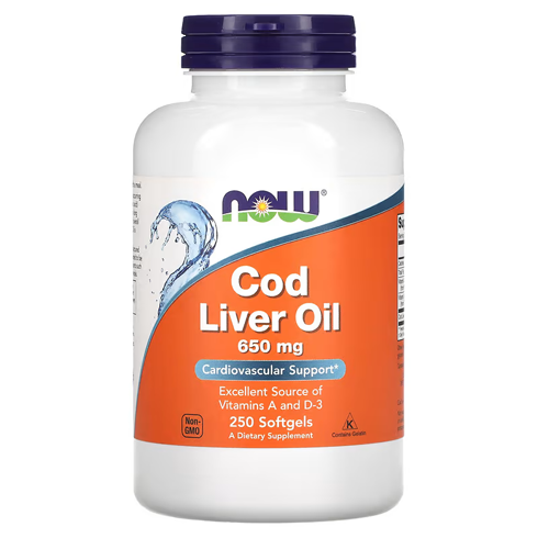 Now Cod Liver Oil 650mg 250 Softgels dietary supplement bottle for heart health, brain support, and overall wellness, rich in omega-3 fatty acids and vitamins A & D.