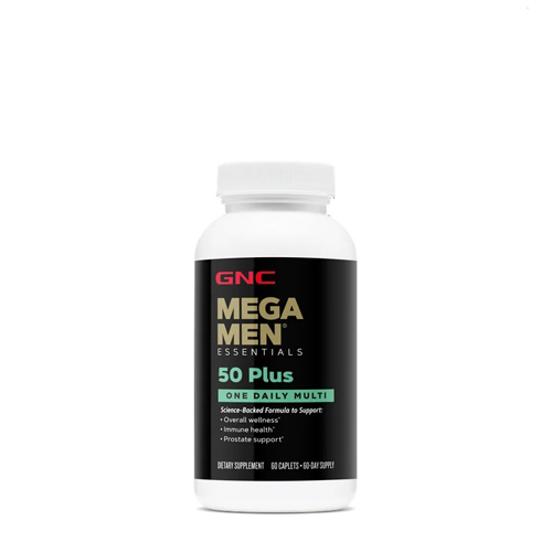 GNC Mega Men 50 Plus multivitamin tablets for men over 50, supports heart health, prostate health, energy, immunity, and overall wellness
