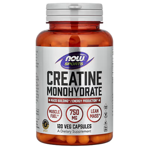 Now Creatine 750mg 120 vegetable capsules for muscle strength, power, and workout performance support.