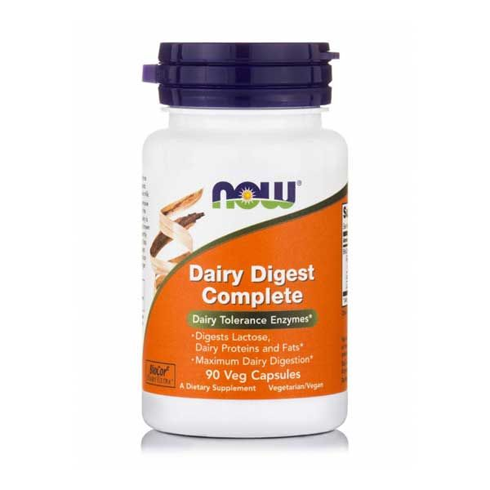 NOW Dairy Digest Complete 90 vegetable capsules for lactose digestion and dairy intolerance support.