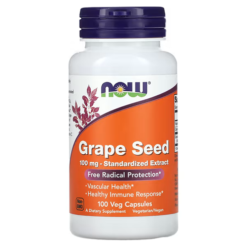 NOW Grape Seed Extract 100 Veg Capsules bottle – antioxidant supplement for cardiovascular health, skin support, and overall wellness, original imported product available at Vitamin Store PK Pakistan.
