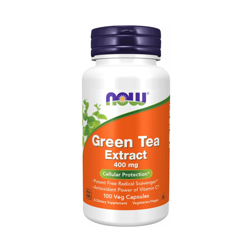 NOW Green Tea Extract 400 mg 100 Veg Capsules bottle front label image showing 400 mg green tea extract per capsule, 100 vegetarian capsules, antioxidant support supplement by NOW Foods.